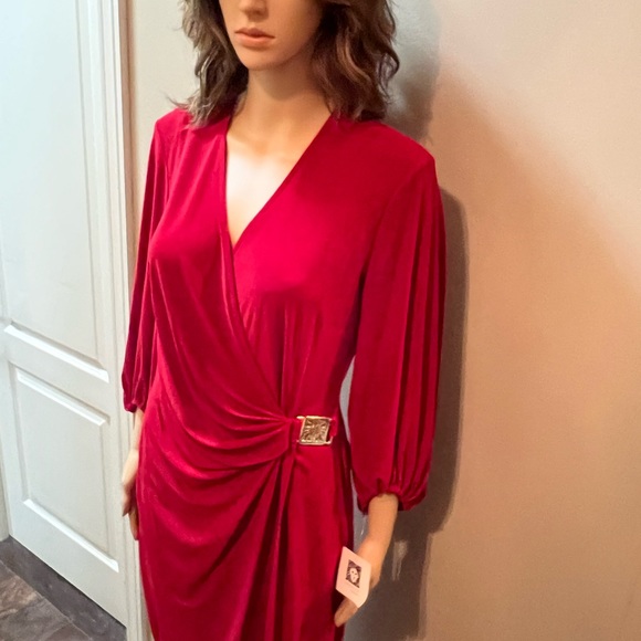 NWT Stunning Red Wrap Dress Anne Klein with Balloon Sleeve Sz10 - Picture 4 of 16